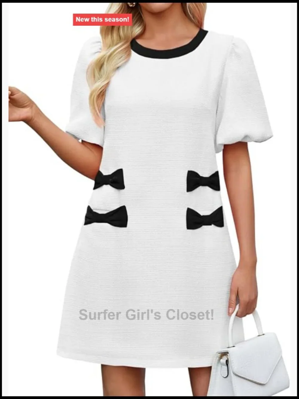 Women's Tweed Shift Mini Dress with Pockets Bow Puff Short Sleeve